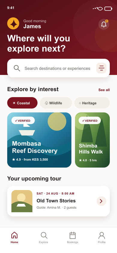 FoTI Tours traveler dashboard with verified experiences and an upcoming booking