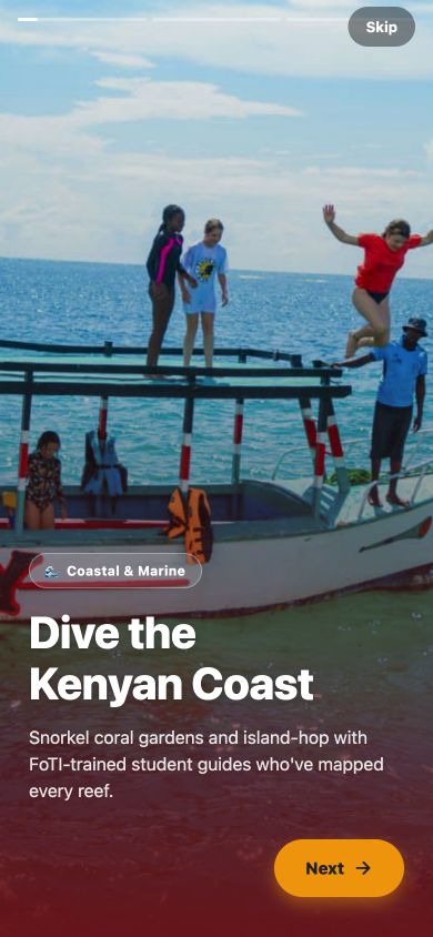 FoTI Tours mobile onboarding introducing student-led coastal experiences
