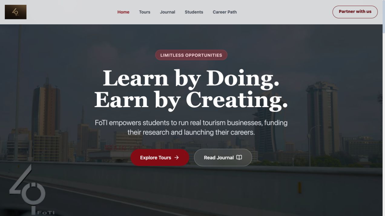 Foundations of Tourism website homepage promoting learning through real tourism experiences