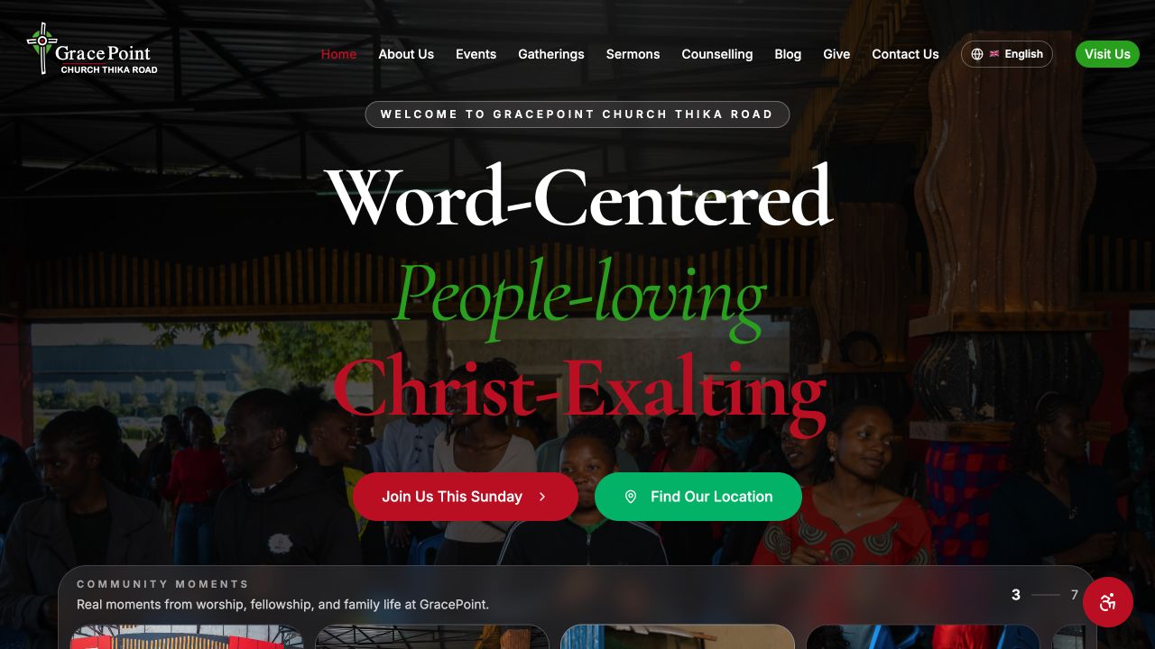 GracePoint Church Thika Road website homepage with visit and location calls to action