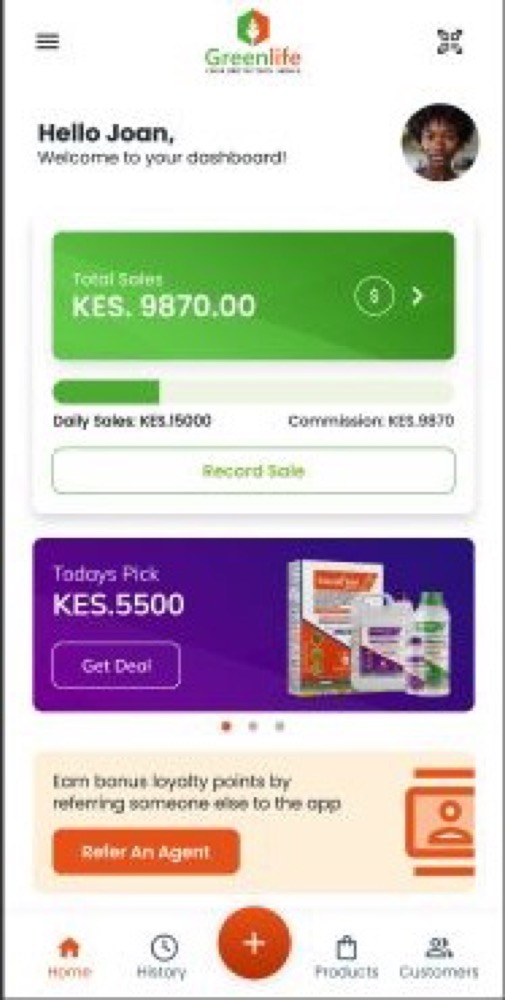 Greenlife sales dashboard with daily performance, commission, and product offers
