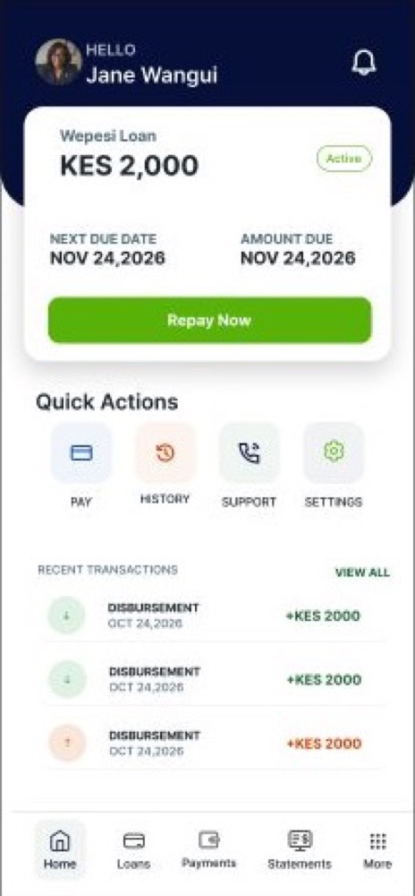 Musoni mobile lending dashboard with loan balance and quick actions