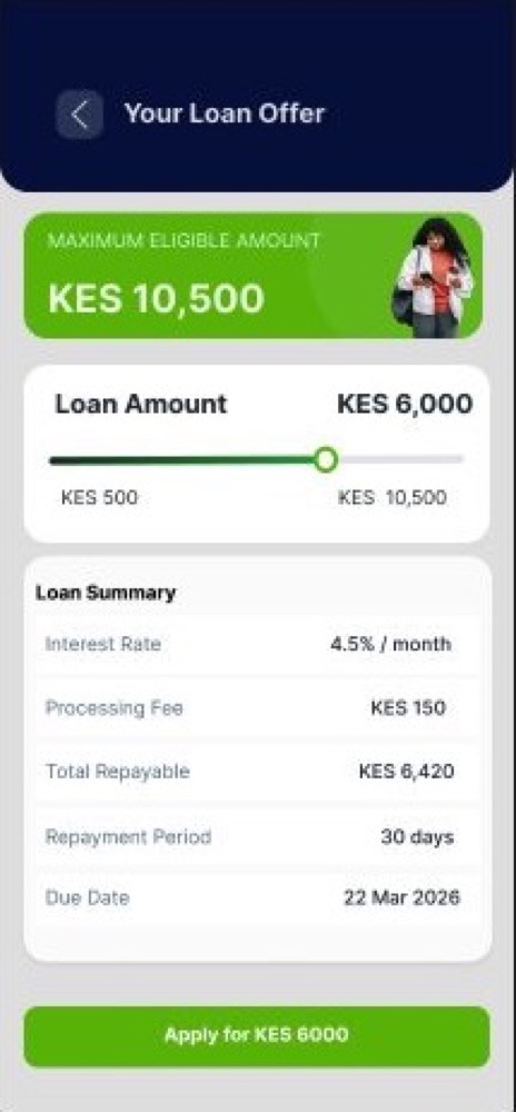 Musoni loan offer screen with amount, fees, repayment period, and due date