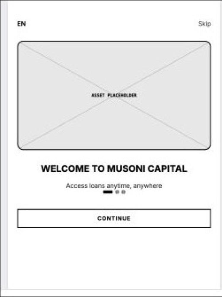 Low-fidelity Musoni welcome and onboarding wireframe