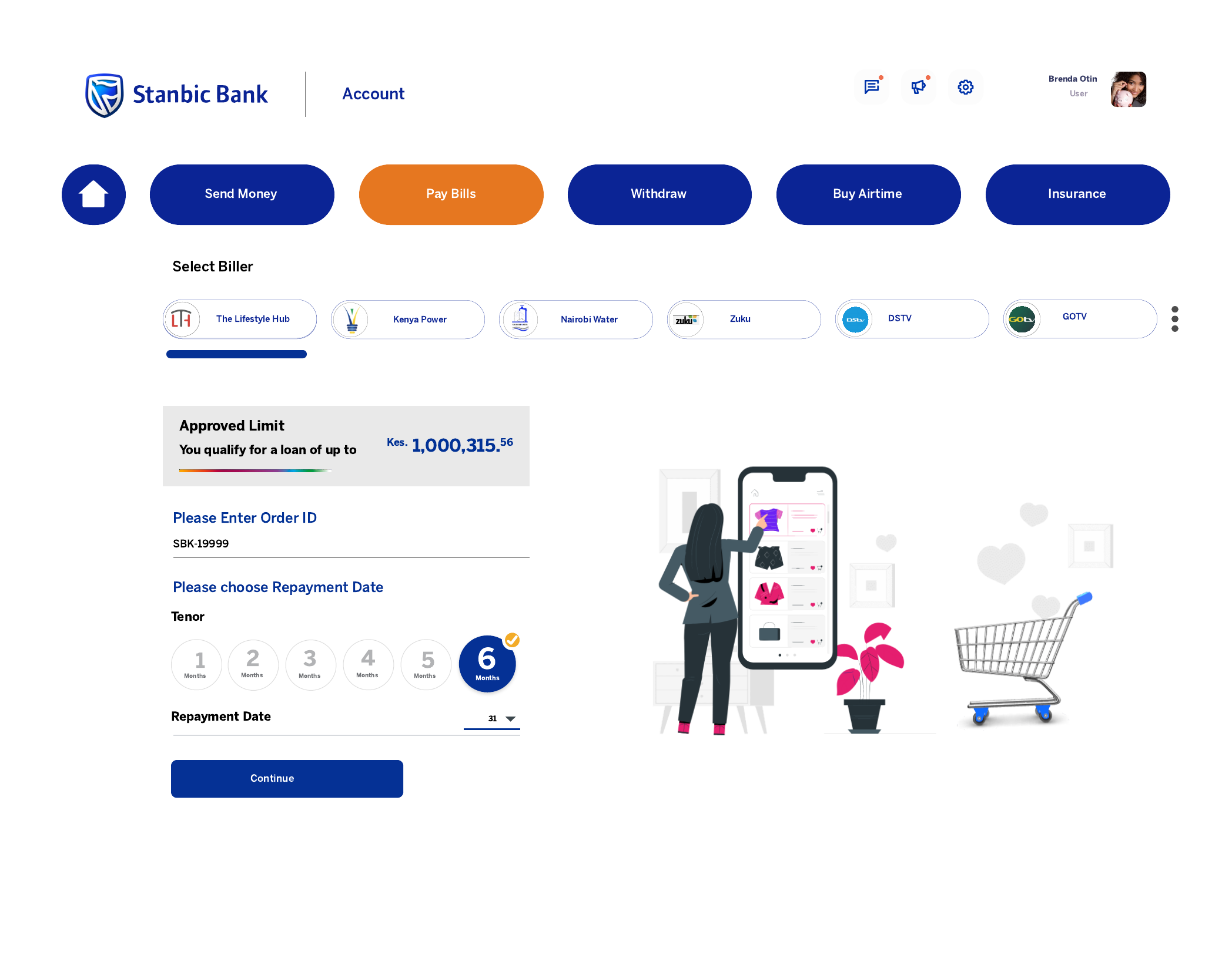 Stanbic UPL web screen for order ID, tenor, and repayment date